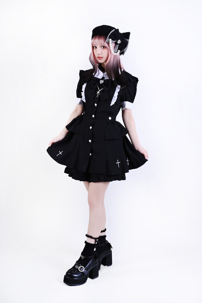 Jillpunk 量産型 天使界隈 共鳴大聖堂 ゴシックロリータ 十字刺繍 蝶ネクタイ ベルト付き バブルスリーブ 半袖ワンピース シャツドレス フリルショーパン 2点セット 姫系 可愛い おしゃれ ファッション萌え 秋葉原