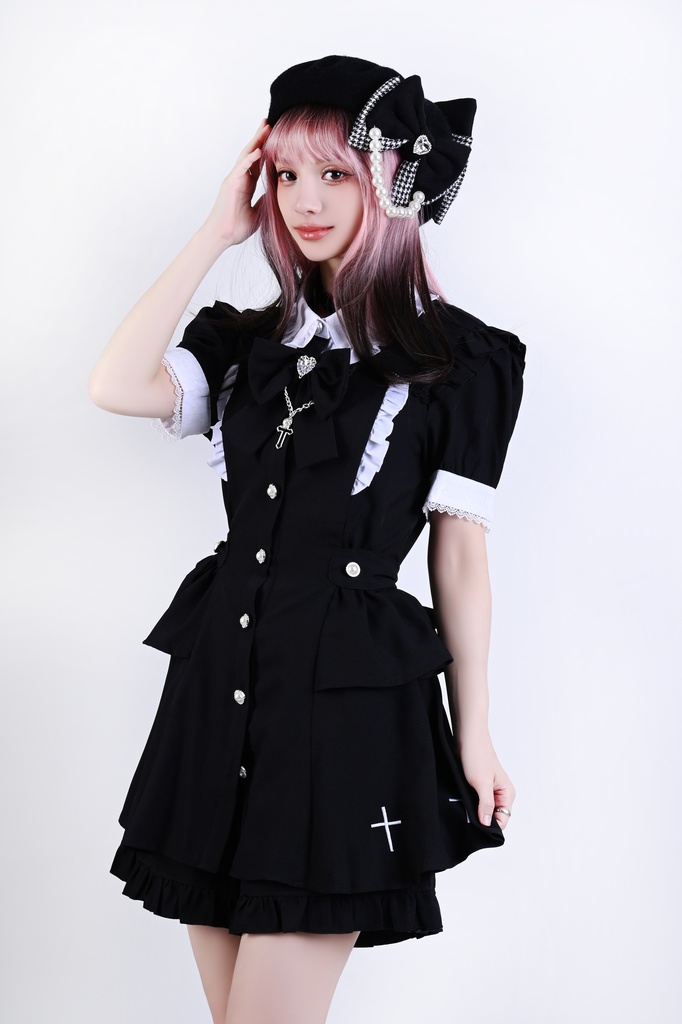 Jillpunk 量産型 天使界隈 共鳴大聖堂 ゴシックロリータ 十字刺繍 蝶ネクタイ ベルト付き バブルスリーブ 半袖ワンピース シャツドレス フリルショーパン 2点セット 姫系 可愛い おしゃれ ファッション萌え 秋葉原