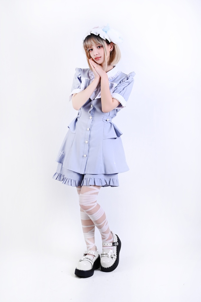 Jillpunk 量産型 天使界隈 共鳴大聖堂 ゴシックロリータ 十字刺繍 蝶ネクタイ ベルト付き バブルスリーブ 半袖ワンピース シャツドレス フリルショーパン 2点セット 姫系 可愛い おしゃれ ファッション萌え 秋葉原