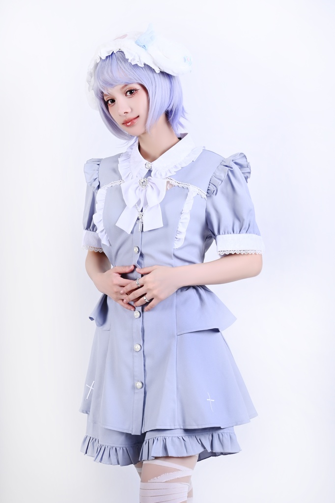 Jillpunk 量産型 天使界隈 共鳴大聖堂 ゴシックロリータ 十字刺繍 蝶ネクタイ ベルト付き バブルスリーブ 半袖ワンピース シャツドレス フリルショーパン 2点セット 姫系 可愛い おしゃれ ファッション萌え 秋葉原