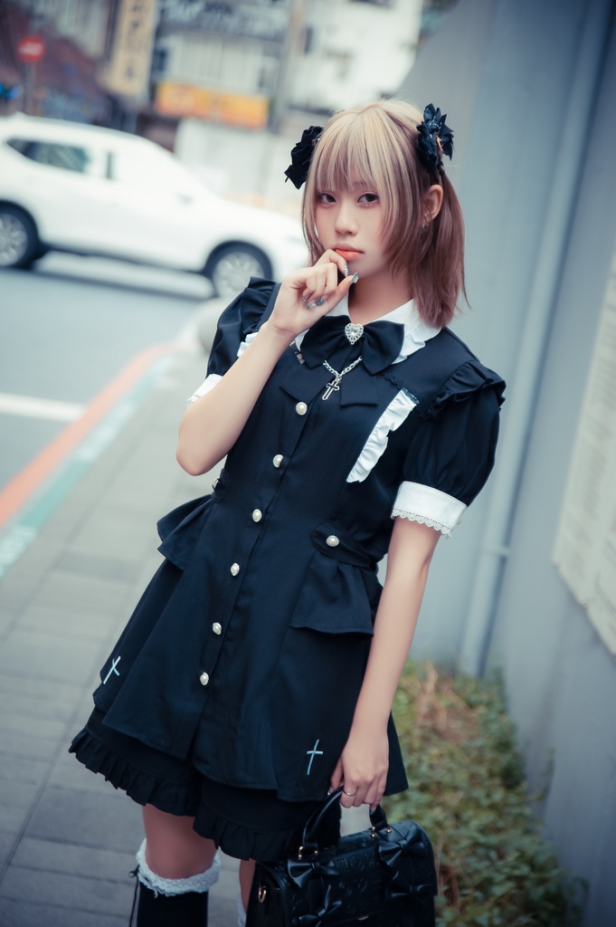 Jillpunk 量産型 天使界隈 共鳴大聖堂 ゴシックロリータ 十字刺繍 蝶ネクタイ ベルト付き バブルスリーブ 半袖ワンピース シャツドレス フリルショーパン 2点セット 姫系 可愛い おしゃれ ファッション萌え 秋葉原