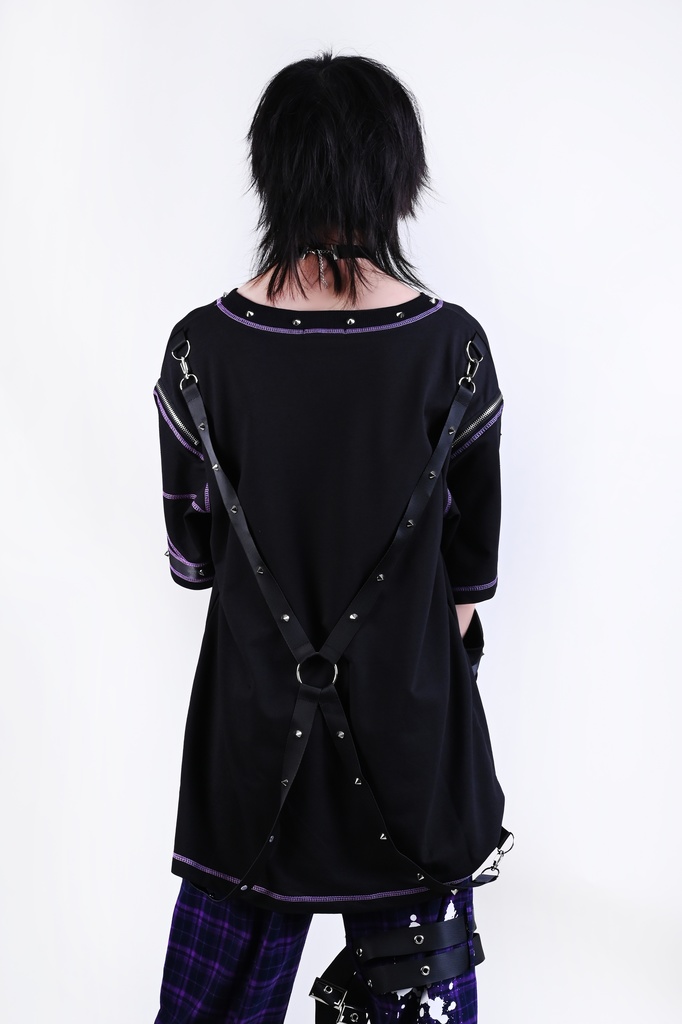 Jillpunk パンク ロック エモい ヘヴィメタル 人形使い ハーネス 十字架ネックレス 飾り縫い アームカバー付き ゆったり 半袖 Tシャツ・カットソー オリジナル おしゃれ 男女兼用 ファッション メンズ レディース