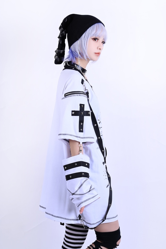 Jillpunk パンク ロック エモい ヘヴィメタル 人形使い ハーネス 十字架ネックレス 飾り縫い アームカバー付き ゆったり 半袖 Tシャツ・カットソー オリジナル おしゃれ 男女兼用 ファッション メンズ レディース