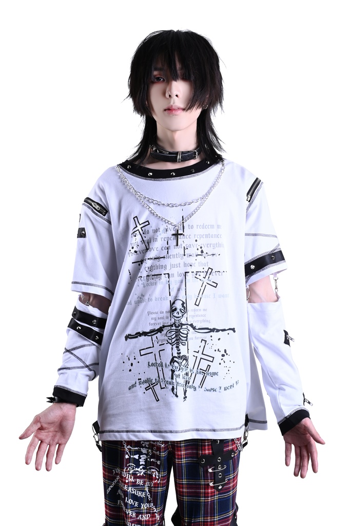 Jillpunk パンク ロック エモい ヘヴィメタル 人形使い ハーネス 十字架ネックレス 飾り縫い アームカバー付き ゆったり 半袖 Tシャツ・カットソー オリジナル おしゃれ 男女兼用 ファッション メンズ レディース