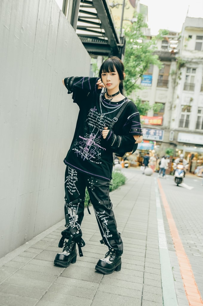 Jillpunk パンク ロック エモい ヘヴィメタル 人形使い ハーネス 十字架ネックレス 飾り縫い アームカバー付き ゆったり 半袖 Tシャツ・カットソー オリジナル おしゃれ 男女兼用 ファッション メンズ レディース