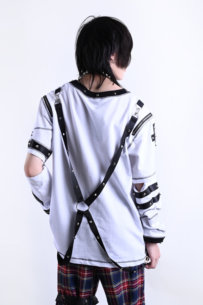 Jillpunk パンク ロック エモい ヘヴィメタル 人形使い ハーネス 十字架ネックレス 飾り縫い アームカバー付き ゆったり 半袖 Tシャツ・カットソー オリジナル おしゃれ 男女兼用 ファッション メンズ レディース