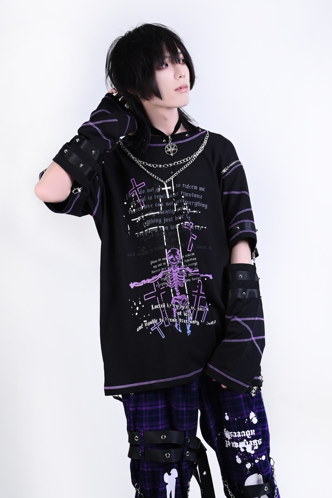 Jillpunk パンク ロック エモい ヘヴィメタル 人形使い ハーネス 十字架ネックレス 飾り縫い アームカバー付き ゆったり 半袖 Tシャツ・カットソー オリジナル おしゃれ 男女兼用 ファッション メンズ レディース