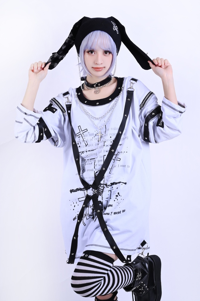 Jillpunk パンク ロック エモい ヘヴィメタル 人形使い ハーネス 十字架ネックレス 飾り縫い アームカバー付き ゆったり 半袖 Tシャツ・カットソー オリジナル おしゃれ 男女兼用 ファッション メンズ レディース