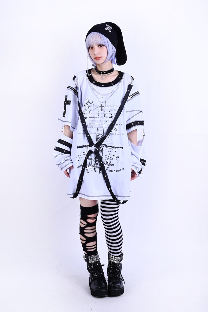 Jillpunk パンク ロック エモい ヘヴィメタル 人形使い ハーネス 十字架ネックレス 飾り縫い アームカバー付き ゆったり 半袖 Tシャツ・カットソー オリジナル おしゃれ 男女兼用 ファッション メンズ レディース