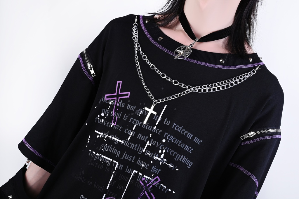 Jillpunk パンク ロック エモい ヘヴィメタル 人形使い ハーネス 十字架ネックレス 飾り縫い アームカバー付き ゆったり 半袖 Tシャツ・カットソー オリジナル おしゃれ 男女兼用 ファッション メンズ レディース