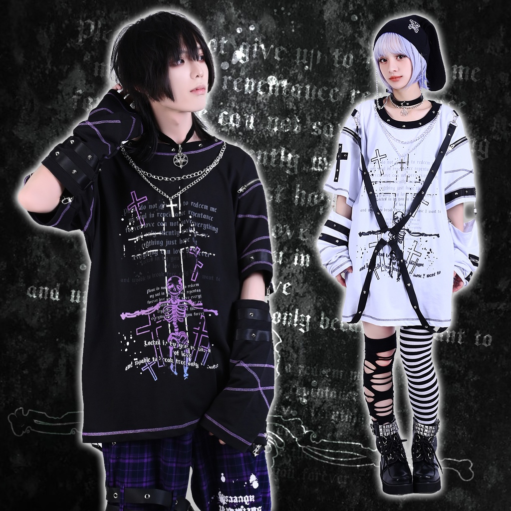 Jillpunk パンク ロック エモい ヘヴィメタル 人形使い ハーネス 十字架ネックレス 飾り縫い アームカバー付き ゆったり 半袖 Tシャツ・カットソー オリジナル おしゃれ 男女兼用 ファッション メンズ レディース