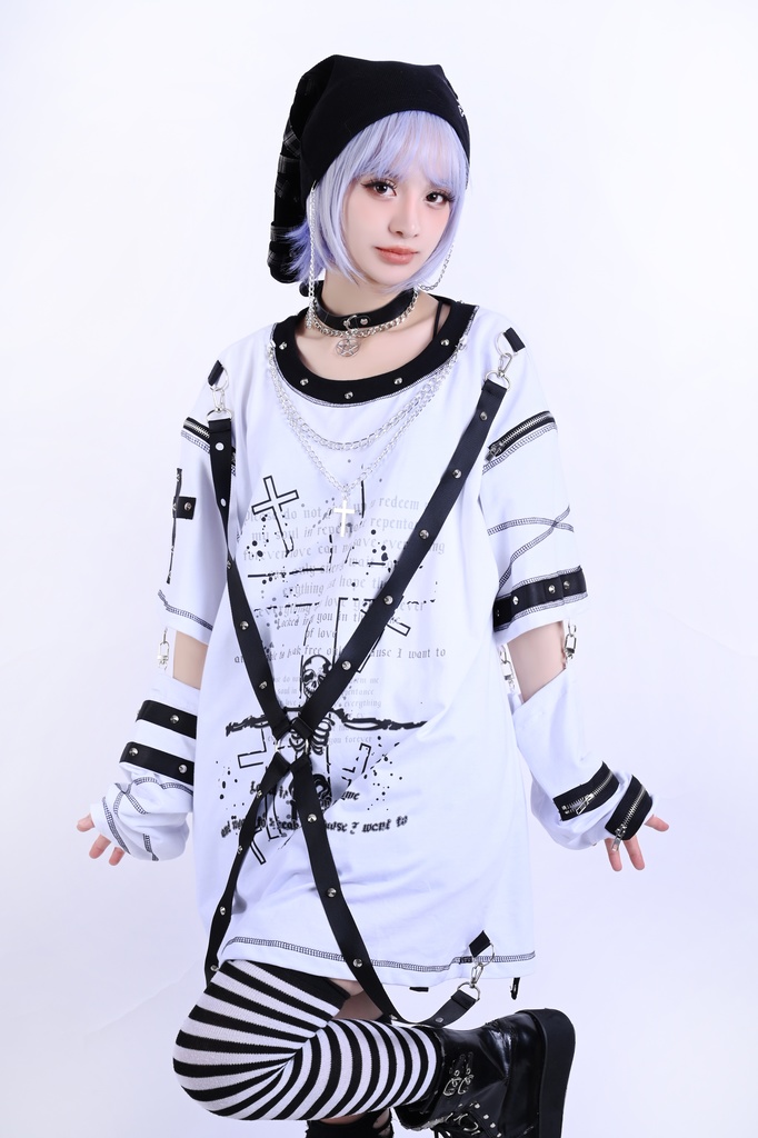 Jillpunk パンク ロック エモい ヘヴィメタル 人形使い ハーネス 十字架ネックレス 飾り縫い アームカバー付き ゆったり 半袖 Tシャツ・カットソー オリジナル おしゃれ 男女兼用 ファッション メンズ レディース