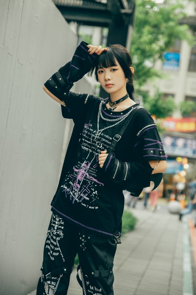 Jillpunk パンク ロック エモい ヘヴィメタル 人形使い ハーネス 十字架ネックレス 飾り縫い アームカバー付き ゆったり 半袖 Tシャツ・カットソー オリジナル おしゃれ 男女兼用 ファッション メンズ レディース