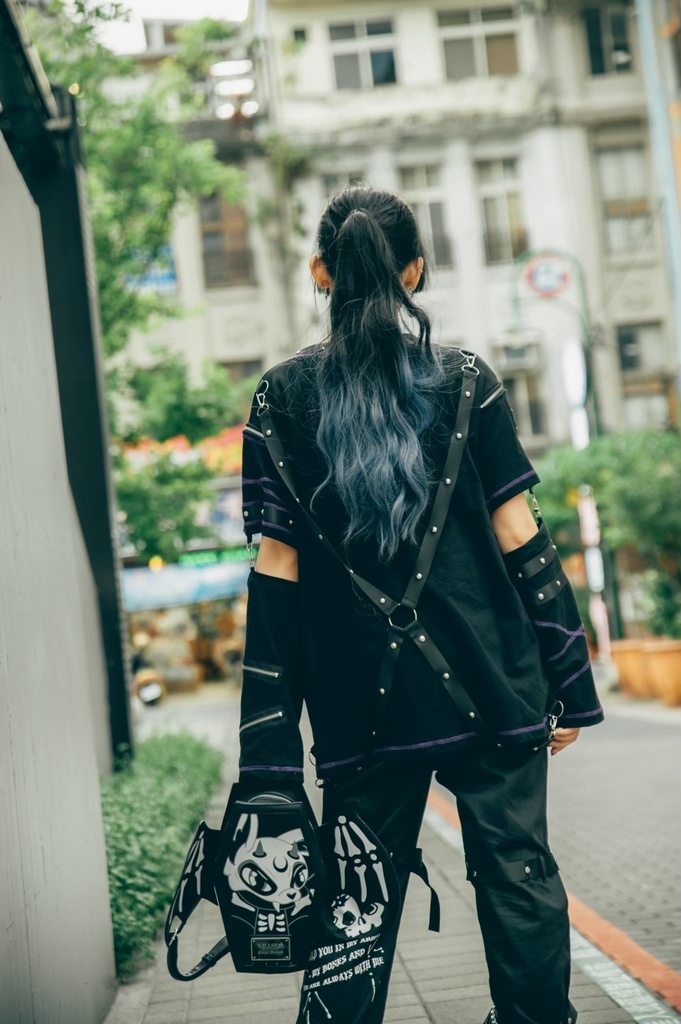 Jillpunk パンク ロック エモい ヘヴィメタル 人形使い ハーネス 十字架ネックレス 飾り縫い アームカバー付き ゆったり 半袖 Tシャツ・カットソー オリジナル おしゃれ 男女兼用 ファッション メンズ レディース