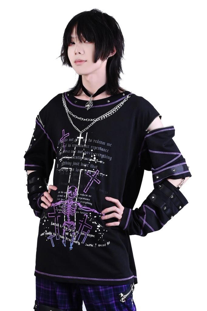 Jillpunk パンク ロック エモい ヘヴィメタル 人形使い ハーネス 十字架ネックレス 飾り縫い アームカバー付き ゆったり 半袖 Tシャツ・カットソー オリジナル おしゃれ 男女兼用 ファッション メンズ レディース