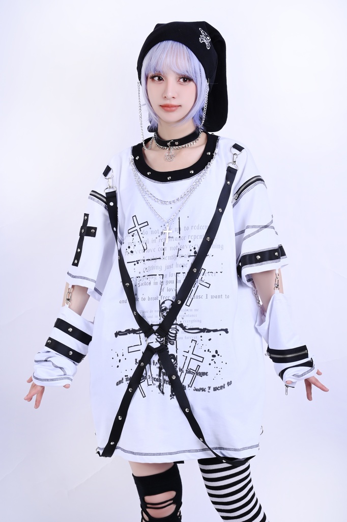 Jillpunk パンク ロック エモい ヘヴィメタル 人形使い ハーネス 十字架ネックレス 飾り縫い アームカバー付き ゆったり 半袖 Tシャツ・カットソー オリジナル おしゃれ 男女兼用 ファッション メンズ レディース