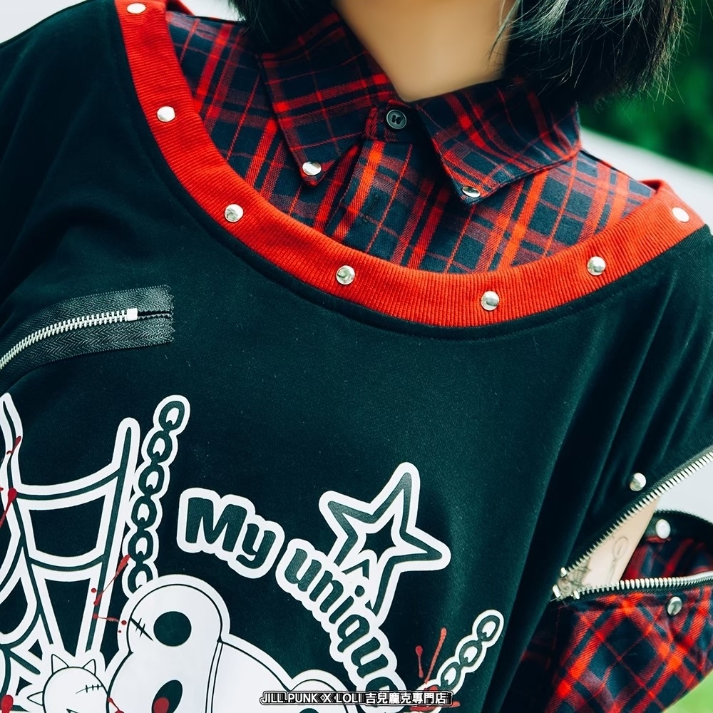 Jillpunk 可愛いパンク エモい イングランド風 怪奇箱熊さん タータンチェック柄 シャツ襟 取り外し可能な袖 重ね着Tシャツ カットソー オリジナル メンズ レディーズ おしゃれ 男女兼用 ファッション 動物 可愛い