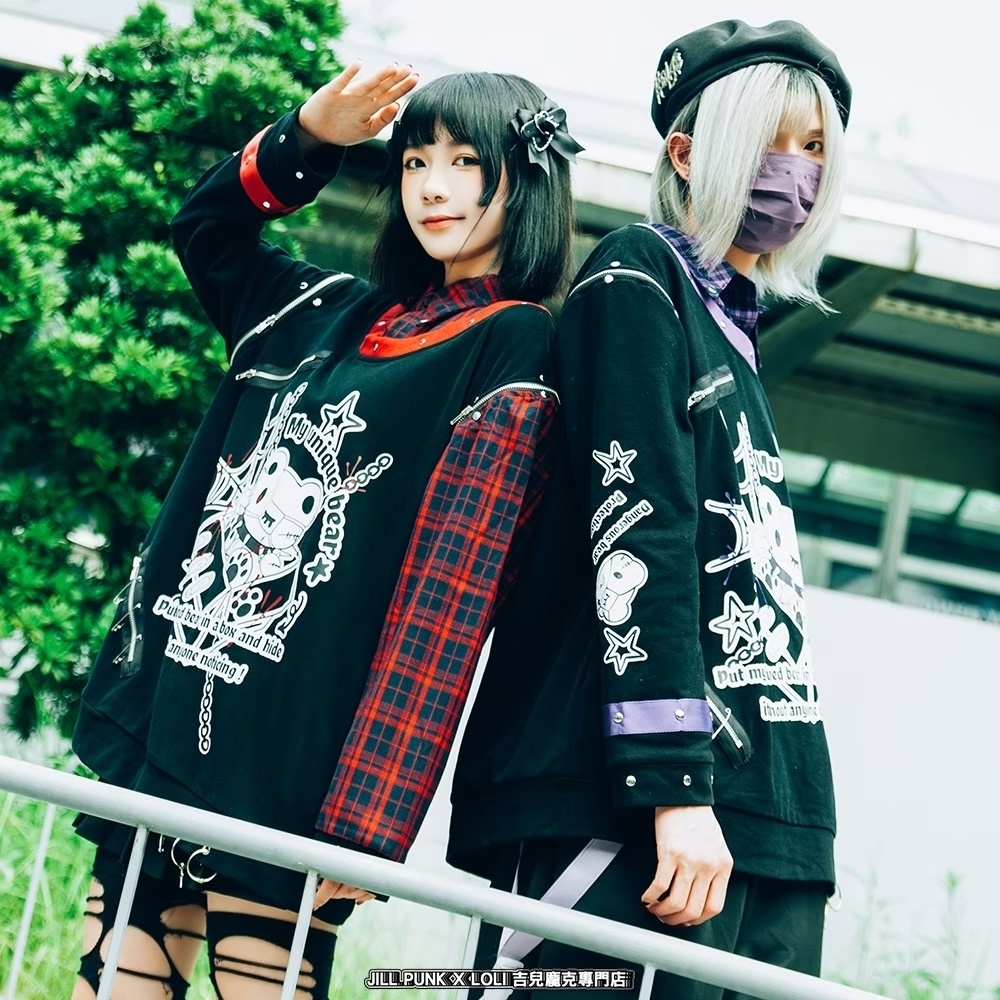Jillpunk 可愛いパンク エモい イングランド風 怪奇箱熊さん タータンチェック柄 シャツ襟 取り外し可能な袖 重ね着Tシャツ カットソー オリジナル メンズ レディーズ おしゃれ 男女兼用 ファッション 動物 可愛い