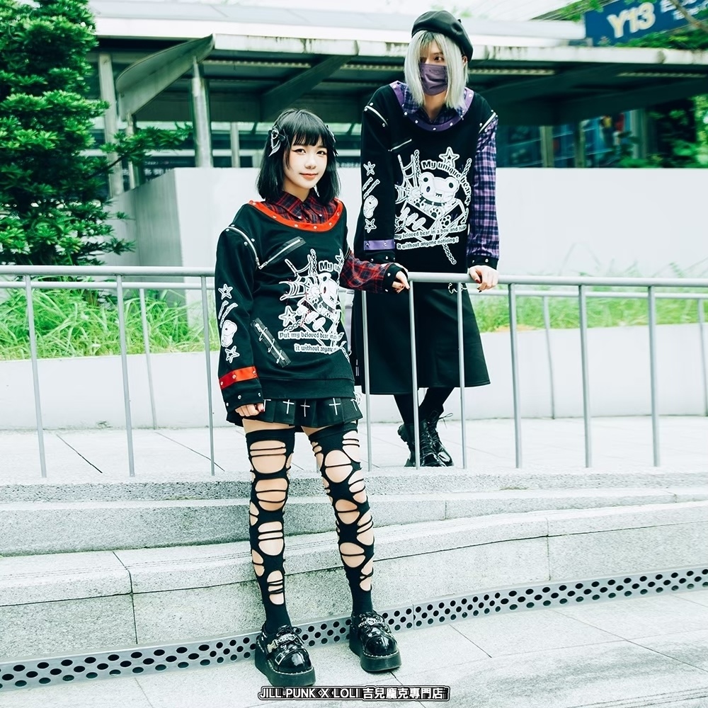 Jillpunk 可愛いパンク エモい イングランド風 怪奇箱熊さん タータンチェック柄 シャツ襟 取り外し可能な袖 重ね着Tシャツ カットソー オリジナル メンズ レディーズ おしゃれ 男女兼用 ファッション 動物 可愛い