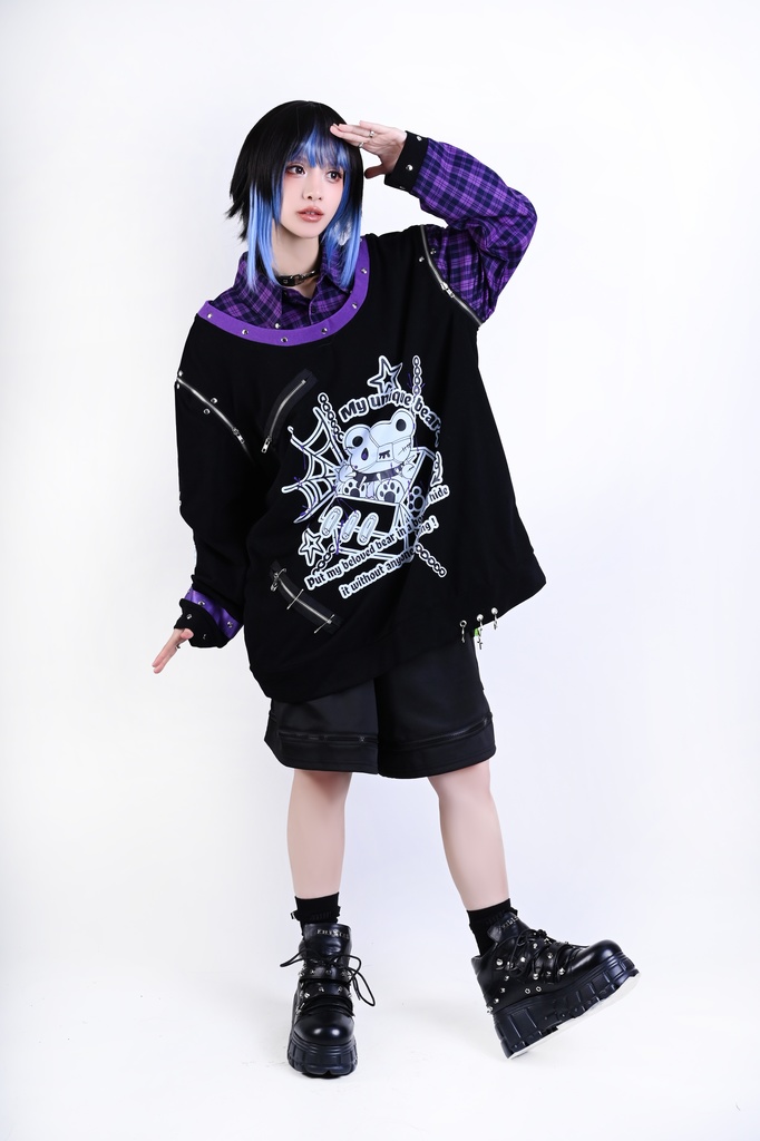 Jillpunk 可愛いパンク エモい イングランド風 怪奇箱熊さん タータンチェック柄 シャツ襟 取り外し可能な袖 重ね着Tシャツ カットソー オリジナル メンズ レディーズ おしゃれ 男女兼用 ファッション 動物 可愛い
