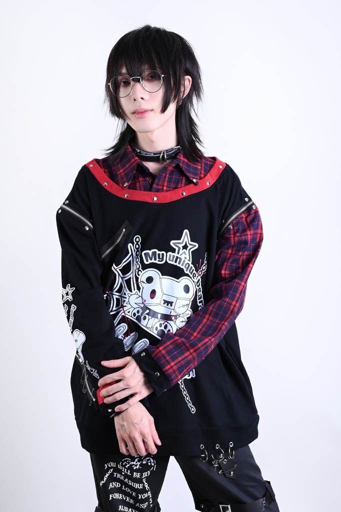 Jillpunk 可愛いパンク エモい イングランド風 怪奇箱熊さん タータンチェック柄 シャツ襟 取り外し可能な袖 重ね着Tシャツ カットソー オリジナル メンズ レディーズ おしゃれ 男女兼用 ファッション 動物 可愛い