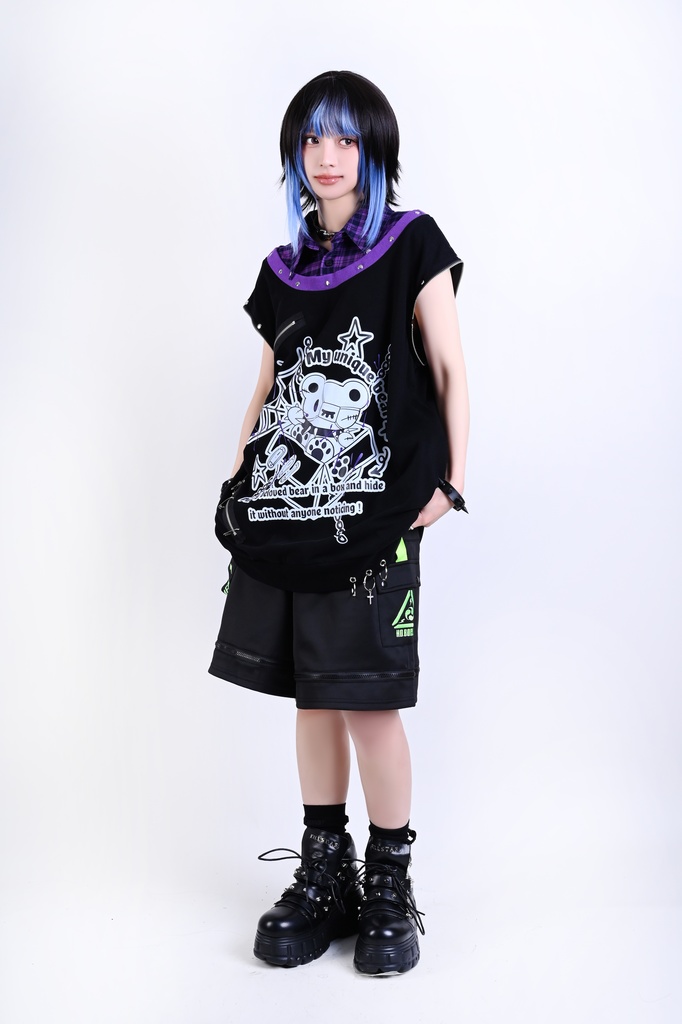 Jillpunk 可愛いパンク エモい イングランド風 怪奇箱熊さん タータンチェック柄 シャツ襟 取り外し可能な袖 重ね着Tシャツ カットソー オリジナル メンズ レディーズ おしゃれ 男女兼用 ファッション 動物 可愛い