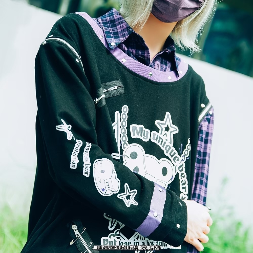 Jillpunk 可愛いパンク エモい イングランド風 怪奇箱熊さん タータンチェック柄 シャツ襟 取り外し可能な袖 重ね着Tシャツ カットソー オリジナル メンズ レディーズ おしゃれ 男女兼用 ファッション 動物 可愛い