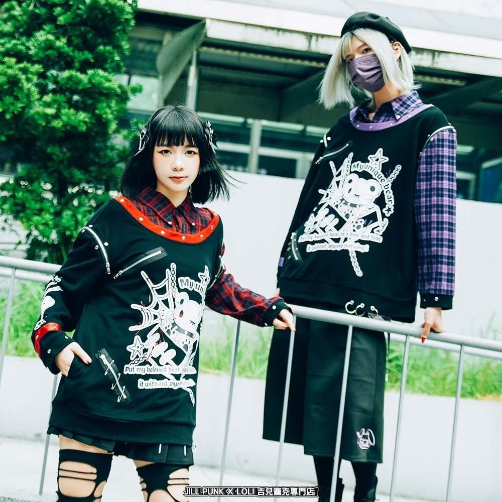 Jillpunk 可愛いパンク エモい イングランド風 怪奇箱熊さん タータンチェック柄 シャツ襟 取り外し可能な袖 重ね着Tシャツ カットソー オリジナル メンズ レディーズ おしゃれ 男女兼用 ファッション 動物 可愛い