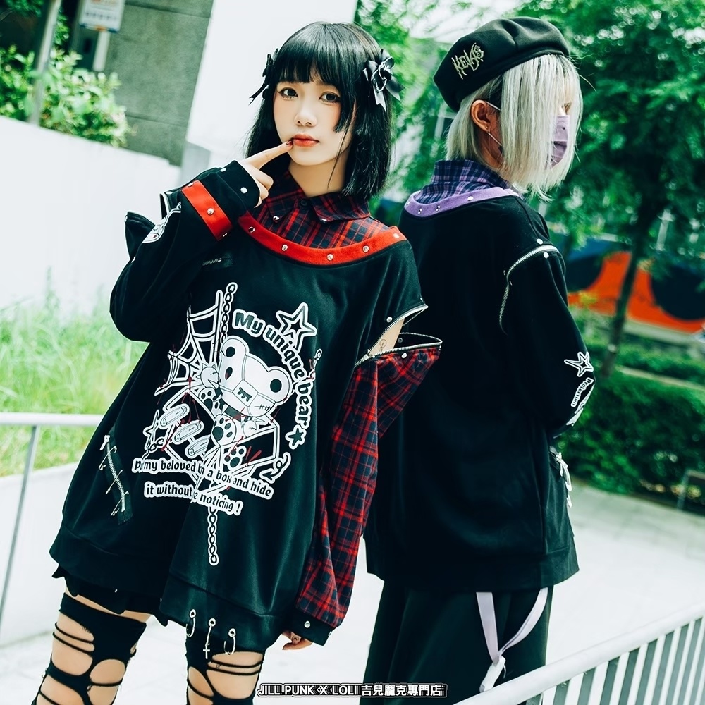 Jillpunk 可愛いパンク エモい イングランド風 怪奇箱熊さん タータンチェック柄 シャツ襟 取り外し可能な袖 重ね着Tシャツ カットソー オリジナル メンズ レディーズ おしゃれ 男女兼用 ファッション 動物 可愛い