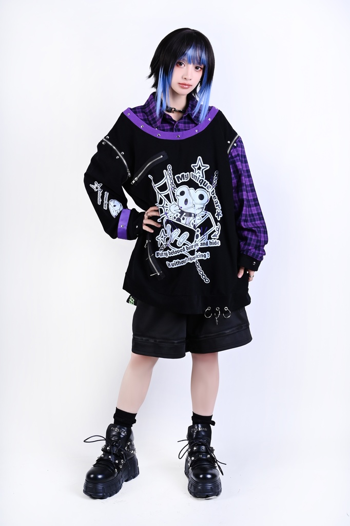 Jillpunk 可愛いパンク エモい イングランド風 怪奇箱熊さん タータンチェック柄 シャツ襟 取り外し可能な袖 重ね着Tシャツ カットソー オリジナル メンズ レディーズ おしゃれ 男女兼用 ファッション 動物 可愛い