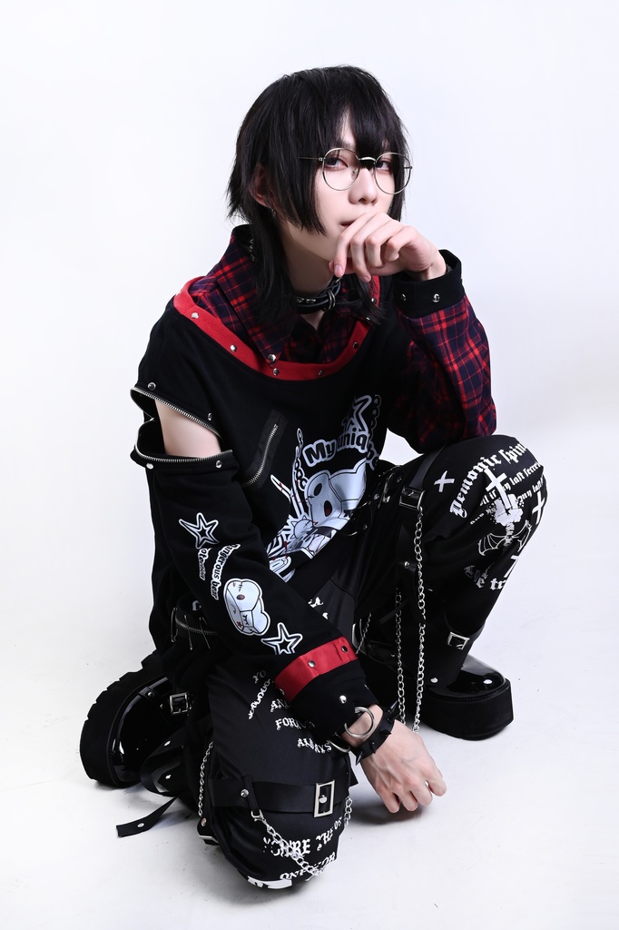 Jillpunk 可愛いパンク エモい イングランド風 怪奇箱熊さん タータンチェック柄 シャツ襟 取り外し可能な袖 重ね着Tシャツ カットソー オリジナル メンズ レディーズ おしゃれ 男女兼用 ファッション 動物 可愛い