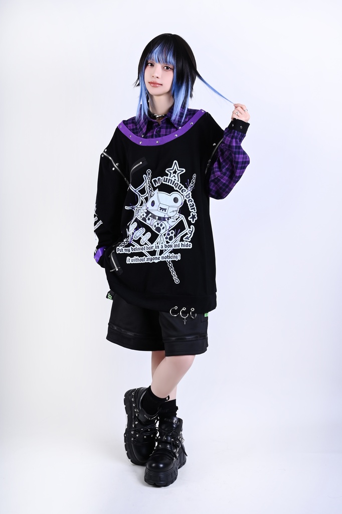 Jillpunk 可愛いパンク エモい イングランド風 怪奇箱熊さん タータンチェック柄 シャツ襟 取り外し可能な袖 重ね着Tシャツ カットソー オリジナル メンズ レディーズ おしゃれ 男女兼用 ファッション 動物 可愛い