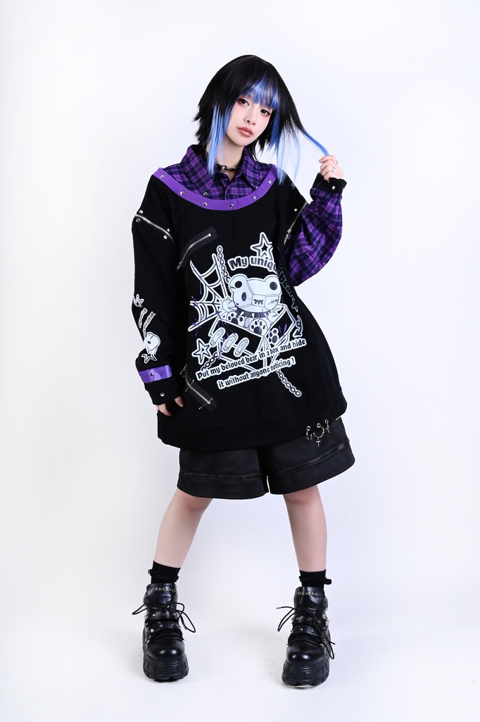 Jillpunk 可愛いパンク エモい イングランド風 怪奇箱熊さん タータンチェック柄 シャツ襟 取り外し可能な袖 重ね着Tシャツ カットソー オリジナル メンズ レディーズ おしゃれ 男女兼用 ファッション 動物 可愛い