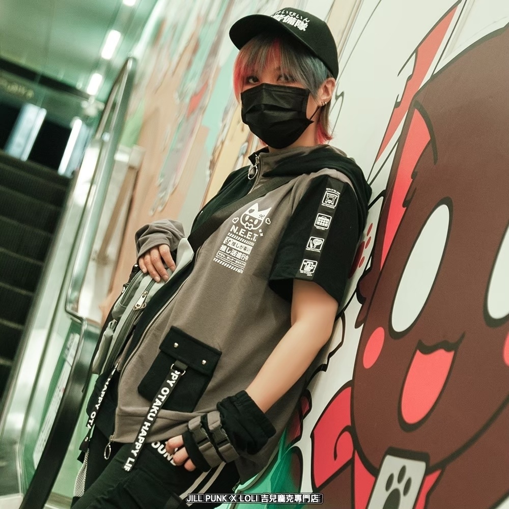 Jillpunk可愛い お宅界隈 アニメ ニ次コン 推し活ねこ NEET 自宅警備員 補色 カーゴポケット 工業風 アームカバー付き 猫耳 ゆったり半袖 パーカージャケット オリジナル メンズ レディーズ おしゃれ 男女兼用 ファッション 秋葉系