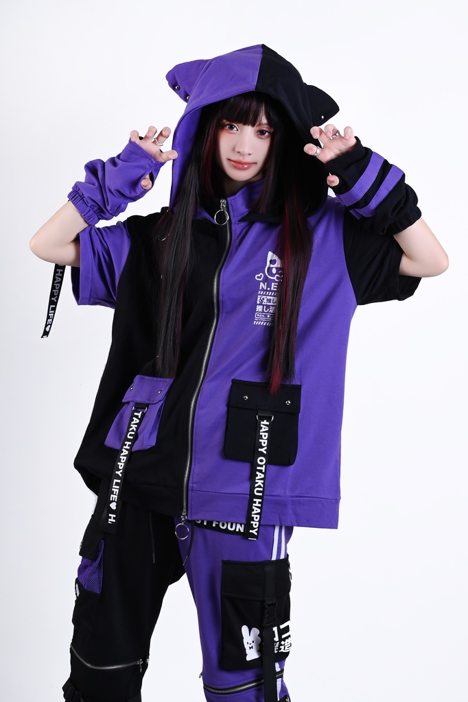 Jillpunk可愛い お宅界隈 アニメ ニ次コン 推し活ねこ NEET 自宅警備員 補色 カーゴポケット 工業風 アームカバー付き 猫耳 ゆったり半袖 パーカージャケット オリジナル メンズ レディーズ おしゃれ 男女兼用 ファッション 秋葉系