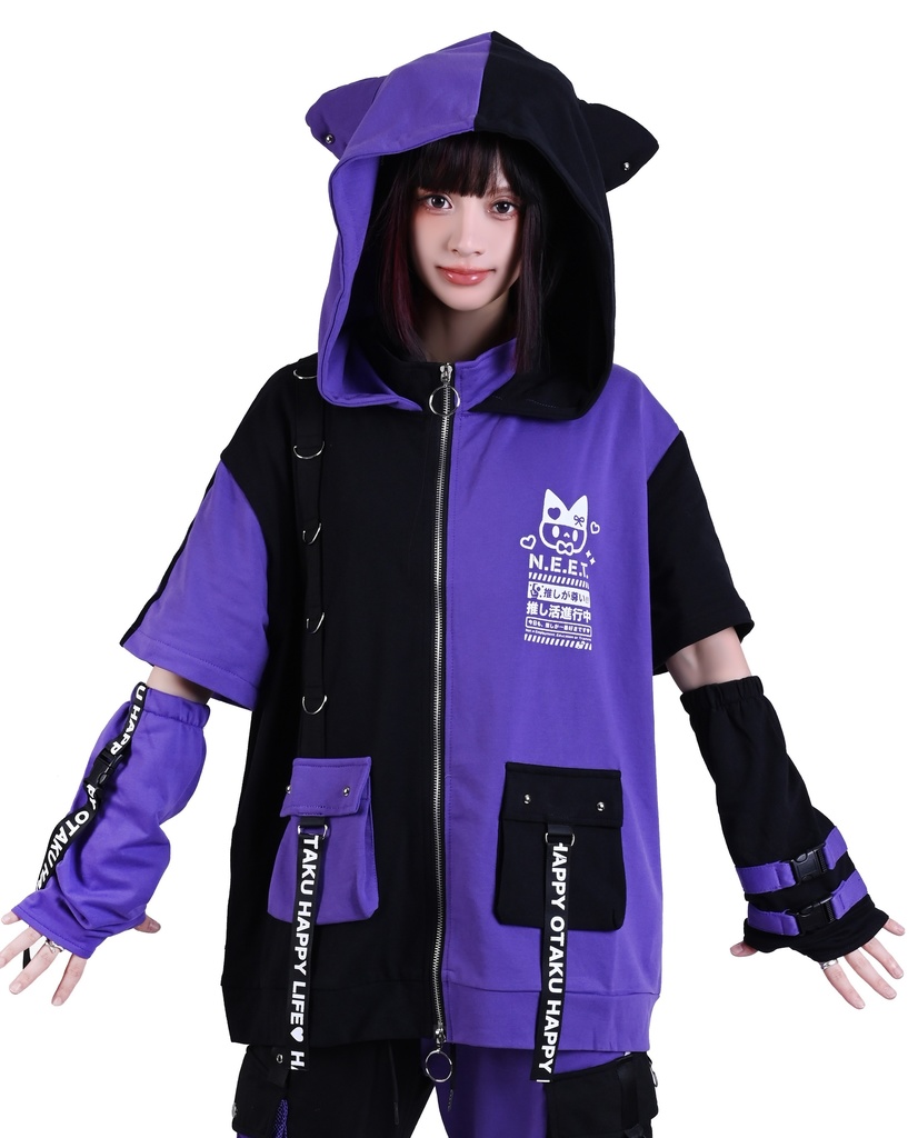 Jillpunk可愛い お宅界隈 アニメ ニ次コン 推し活ねこ NEET 自宅警備員 補色 カーゴポケット 工業風 アームカバー付き 猫耳 ゆったり半袖 パーカージャケット オリジナル メンズ レディーズ おしゃれ 男女兼用 ファッション 秋葉系