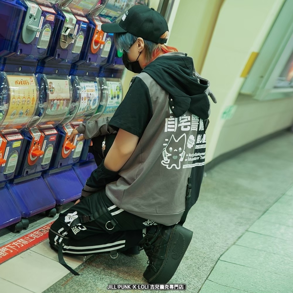 Jillpunk可愛い お宅界隈 アニメ ニ次コン 推し活ねこ NEET 自宅警備員 補色 カーゴポケット 工業風 アームカバー付き 猫耳 ゆったり半袖 パーカージャケット オリジナル メンズ レディーズ おしゃれ 男女兼用 ファッション 秋葉系