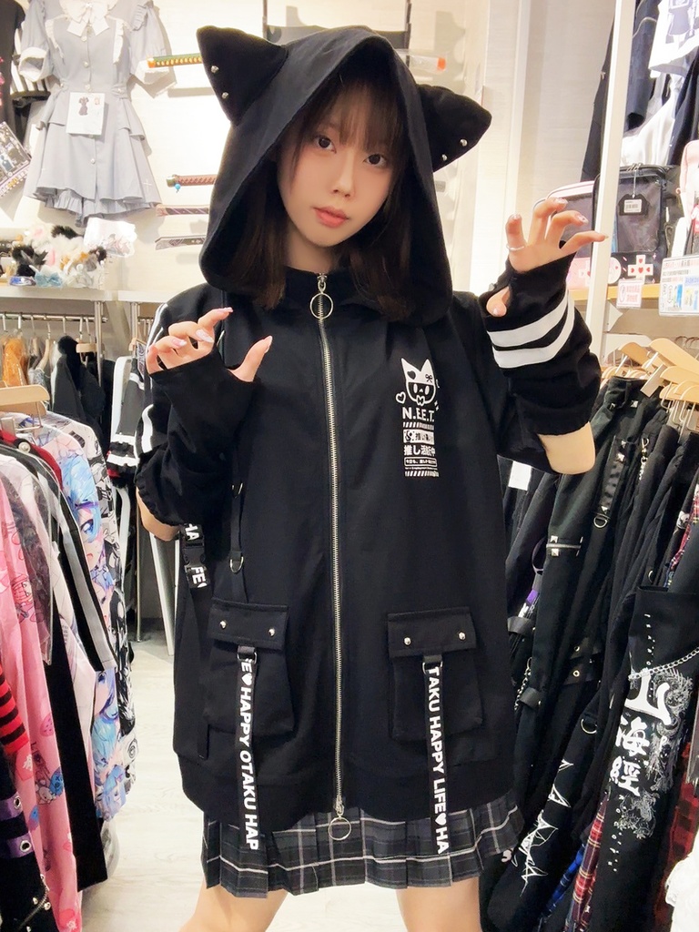 Jillpunk可愛い お宅界隈 アニメ ニ次コン 推し活ねこ NEET 自宅警備員 補色 カーゴポケット 工業風 アームカバー付き 猫耳 ゆったり半袖 パーカージャケット オリジナル メンズ レディーズ おしゃれ 男女兼用 ファッション 秋葉系