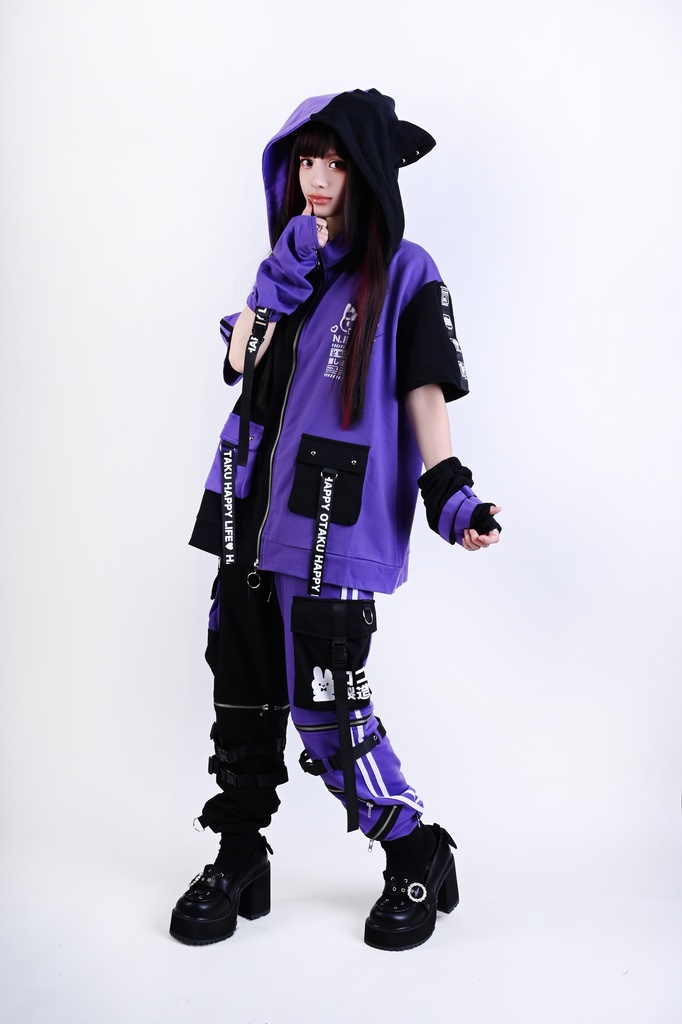 Jillpunk可愛い お宅界隈 アニメ ニ次コン 推し活ねこ NEET 自宅警備員 補色 カーゴポケット 工業風 アームカバー付き 猫耳 ゆったり半袖 パーカージャケット オリジナル メンズ レディーズ おしゃれ 男女兼用 ファッション 秋葉系