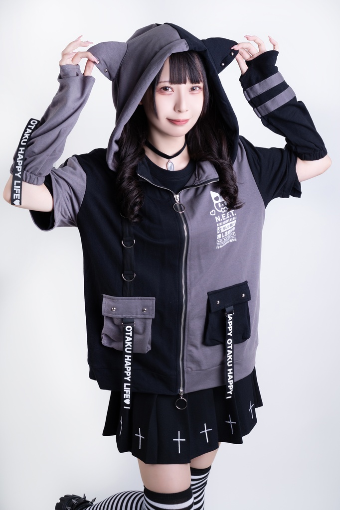 Jillpunk可愛い お宅界隈 アニメ ニ次コン 推し活ねこ NEET 自宅警備員 補色 カーゴポケット 工業風 アームカバー付き 猫耳 ゆったり半袖 パーカージャケット オリジナル メンズ レディーズ おしゃれ 男女兼用 ファッション 秋葉系