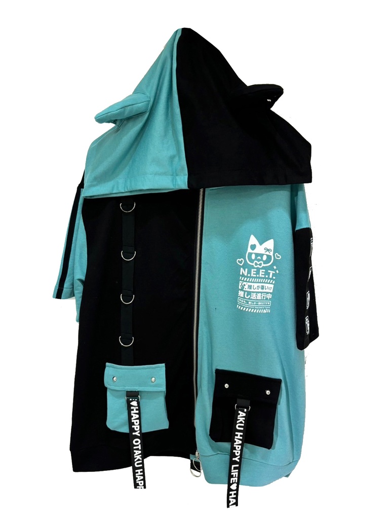 Jillpunk可愛い お宅界隈 アニメ ニ次コン 推し活ねこ NEET 自宅警備員 補色 カーゴポケット 工業風 アームカバー付き 猫耳 ゆったり半袖 パーカージャケット オリジナル メンズ レディーズ おしゃれ 男女兼用 ファッション 秋葉系