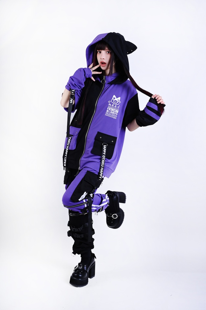 Jillpunk可愛い お宅界隈 アニメ ニ次コン 推し活ねこ NEET 自宅警備員 補色 カーゴポケット 工業風 アームカバー付き 猫耳 ゆったり半袖 パーカージャケット オリジナル メンズ レディーズ おしゃれ 男女兼用 ファッション 秋葉系