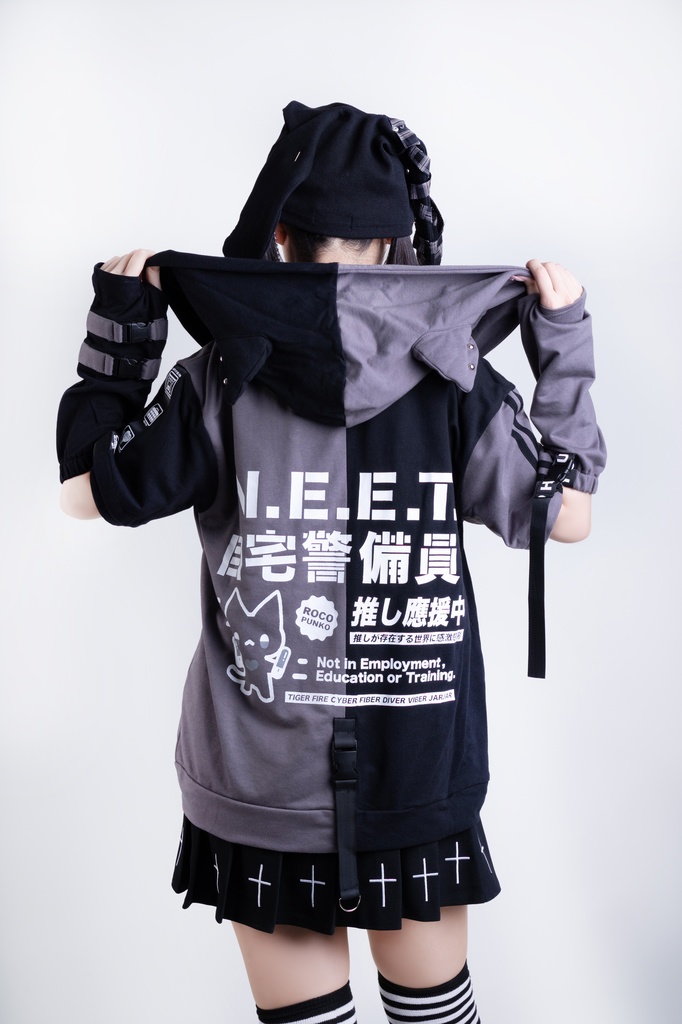 Jillpunk可愛い お宅界隈 アニメ ニ次コン 推し活ねこ NEET 自宅警備員 補色 カーゴポケット 工業風 アームカバー付き 猫耳 ゆったり半袖 パーカージャケット オリジナル メンズ レディーズ おしゃれ 男女兼用 ファッション 秋葉系