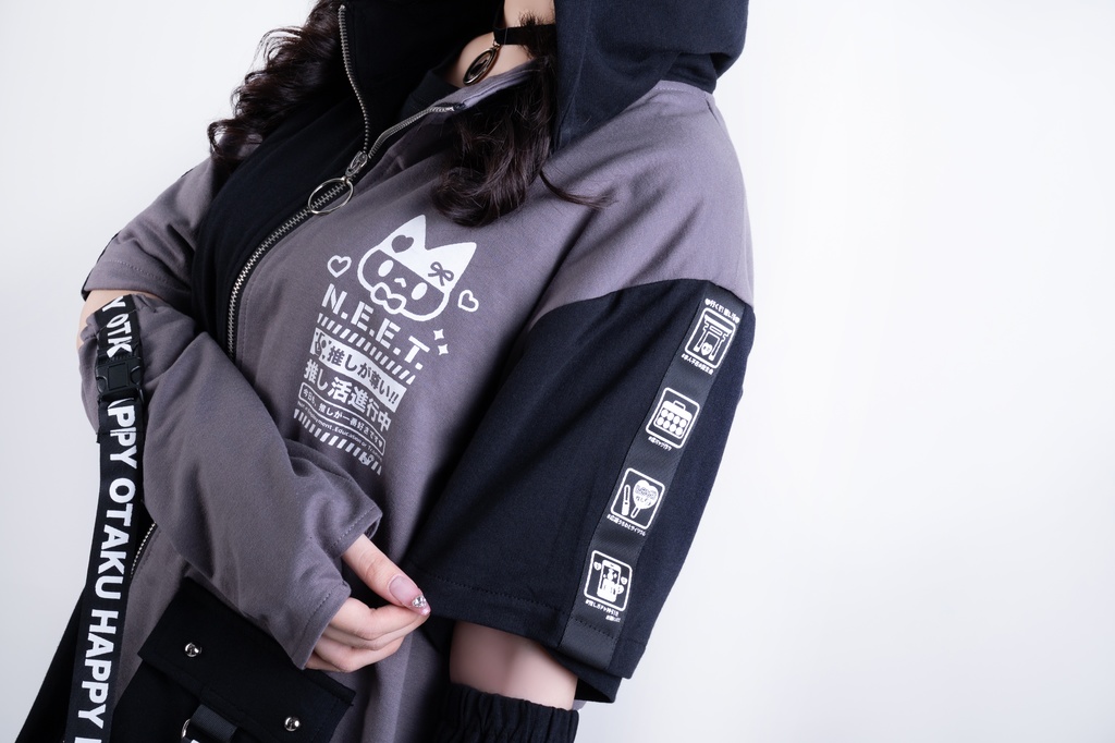 Jillpunk可愛い お宅界隈 アニメ ニ次コン 推し活ねこ NEET 自宅警備員 補色 カーゴポケット 工業風 アームカバー付き 猫耳 ゆったり半袖 パーカージャケット オリジナル メンズ レディーズ おしゃれ 男女兼用 ファッション 秋葉系