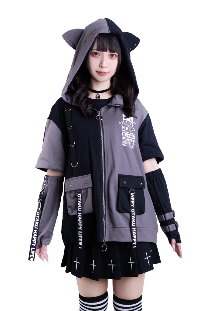 Jillpunk可愛い お宅界隈 アニメ ニ次コン 推し活ねこ NEET 自宅警備員 補色 カーゴポケット 工業風 アームカバー付き 猫耳 ゆったり半袖 パーカージャケット オリジナル メンズ レディーズ おしゃれ 男女兼用 ファッション 秋葉系