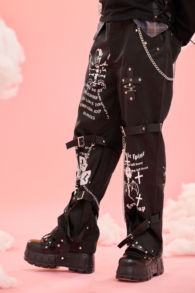 Jillpunkパンクロック 審判の日 ダーク系 ヘヴィメタル バンギャ タータンチェック ストラップ 鎖チェーン付き ボンデージ・ボンデッジパンツ ロング丈ズボン オリジナルスタイル メンズお兄系 レディーズ V系 おしゃれ男女兼用カッコいい
