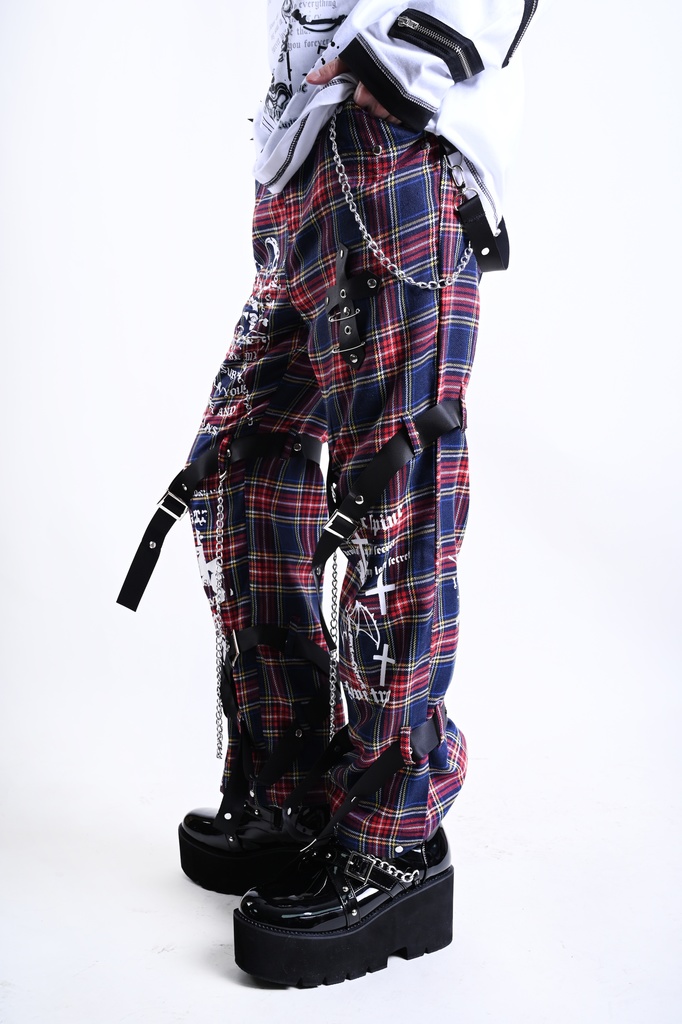 Jillpunkパンクロック 審判の日 ダーク系 ヘヴィメタル バンギャ タータンチェック ストラップ 鎖チェーン付き ボンデージ・ボンデッジパンツ ロング丈ズボン オリジナルスタイル メンズお兄系 レディーズ V系 おしゃれ男女兼用カッコいい