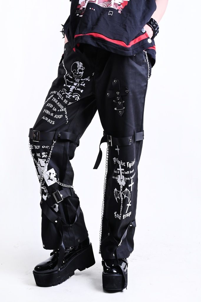 Jillpunkパンクロック 審判の日 ダーク系 ヘヴィメタル バンギャ タータンチェック ストラップ 鎖チェーン付き ボンデージ・ボンデッジパンツ ロング丈ズボン オリジナルスタイル メンズお兄系 レディーズ V系 おしゃれ男女兼用カッコいい