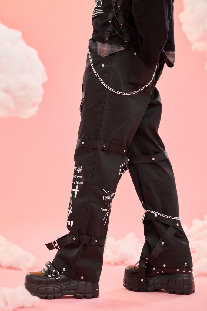 Jillpunkパンクロック 審判の日 ダーク系 ヘヴィメタル バンギャ タータンチェック ストラップ 鎖チェーン付き ボンデージ・ボンデッジパンツ ロング丈ズボン オリジナルスタイル メンズお兄系 レディーズ V系 おしゃれ男女兼用カッコいい