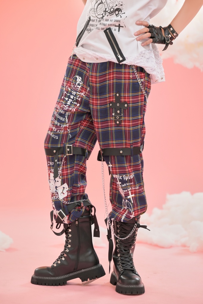 Jillpunkパンクロック 審判の日 ダーク系 ヘヴィメタル バンギャ タータンチェック ストラップ 鎖チェーン付き ボンデージ・ボンデッジパンツ ロング丈ズボン オリジナルスタイル メンズお兄系 レディーズ V系 おしゃれ男女兼用カッコいい